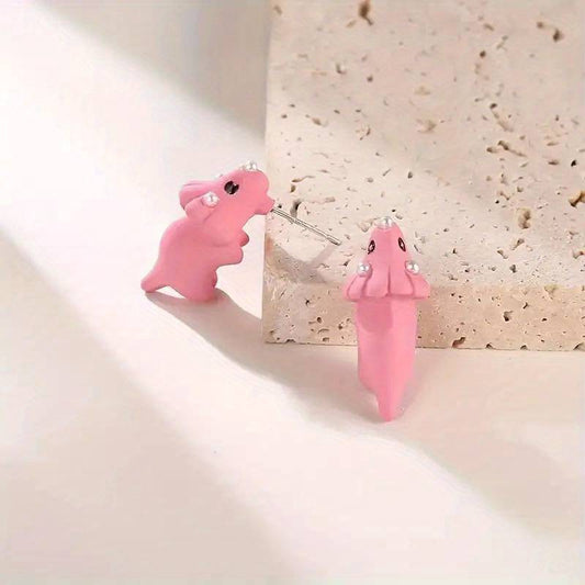 Cute Pink Biting Dinosaur Earrings